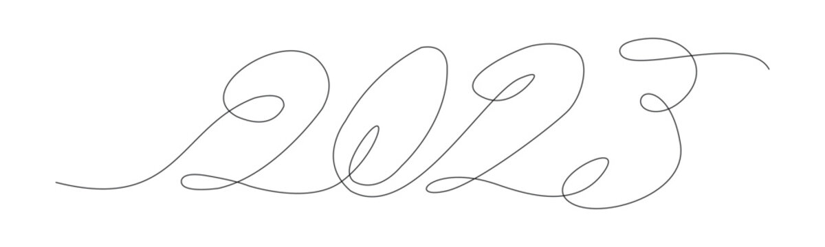 Happy new year 2022 logo text design. 2023 year number one continuous line drawing. Vector illustration with black lines isolated on white background