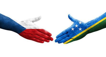 Handshake between Solomon Islands and Czechia flags painted on hands, isolated transparent image.