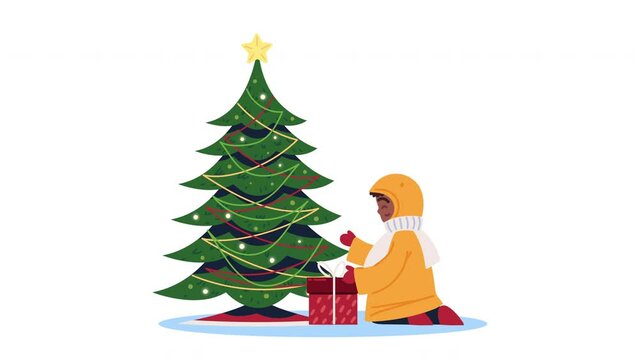 little boy decorating christmas tree animation