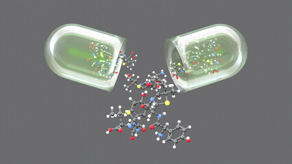 A transparent capsule from which formulas of a medicinal substance or vitamins are poured. 3d rendered illustration