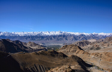 The Stok Range, with Stok Kangri (6123m) and Leh city, seen from the Khardung La Pass, Ladakh, India