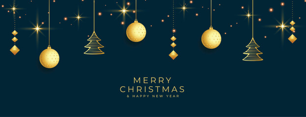 Fototapeta na wymiar hanging style merry christmas banner with golden elements