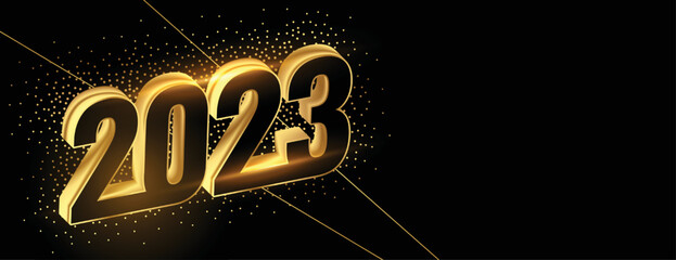 3d style new year 2023 text banner with golden glitter