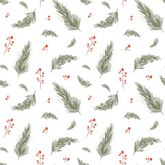 Christmas seamless pattern. Fir branches tile on white background. Design for wrapping paper, wallpaper, textile. Tablecloth winter texture, holiday pattern