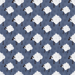 White sheep on dark blue background with texture grass. Design for wrapping paper, wallpaper, textile. Tablecloth texture. Trendy background