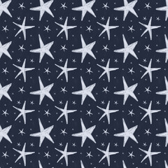 Christmas seamless pattern. Texture stars tile on dark background. Design for wrapping paper, wallpaper, textile. Tablecloth winter texture, holiday pattern