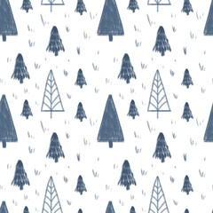 Christmas seamless pattern. Pencil blue Christmas tree and snowflakes tile on white background. Design for wrapping paper, wallpaper, textile. Tablecloth winter texture, holiday pattern