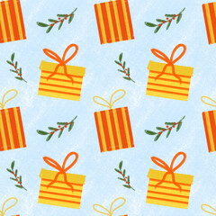 Gift box and fir branches tile on blue background. Christmas seamless pattern. Design for wrapping paper, wallpaper, textile. Tablecloth winter texture, holiday pattern