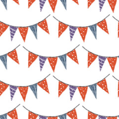 Paper garland with red and violet flags tile on white background. Christmas seamless pattern. Design for wrapping paper, wallpaper, textile. Tablecloth winter texture, holiday pattern