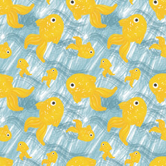 Fish seamless pattern. Goldfish ornament. Background with seafood. Design for wrapping paper, wallpaper, textile.