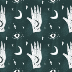 Celestial tarot cosmic seamless pattern. Vintage background for astrology and tarot. Design for wrapping paper, wallpaper, textile. Tablecloth texture. Trendy background