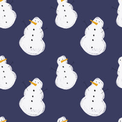 White snowman tile on dark violet background. Christmas seamless pattern. Design for wrapping paper, wallpaper, textile. Tablecloth winter texture, holiday pattern