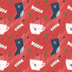 Christmas seamless pattern. New Year elements - sock, candy, fir brunches on red background. Design for wrapping paper, wallpaper, textile. Tablecloth winter texture, holiday pattern