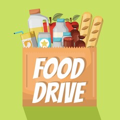 Colorful Food Drive bag of groceries  and canned goods on lime green background