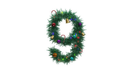 Number 9 from Christmas tree twigs with decorations on transparent background. Christmas or New Year alphabet. Numbers from Christmas tree branches with decorations. 3d illustration