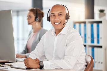 Portrait, call center and customer service employee in office at desk with smile. Consultant, contact us or male sales agent, telemarketing or crm, help desk or support worker consulting in workplace - obrazy, fototapety, plakaty