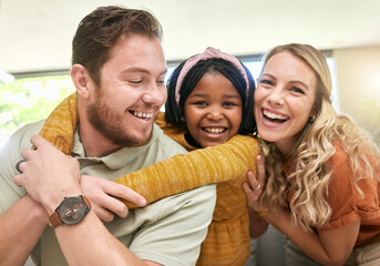 Family, children and adoption with a girl, mother and father bonding in the living room of their home. Portrait, love and smile with happy foster parents and black daughter together in a house