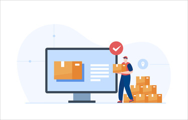 Warehouse manager maintaining delivery records. Inventory control and warehouse products remain check. Vector Illustration