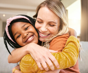 Portrait, family and adoption with a girl and mother hugging in a living room of their house...