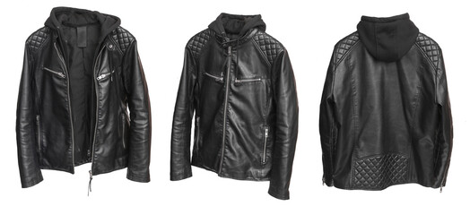 Leather biker jacket with a hood on a white background. Three views from different sides - obrazy, fototapety, plakaty