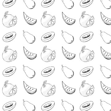 Hand drawn seamless fruit pattern in doodle style. Menu design, packaging, fabric, background. Vector illustration.