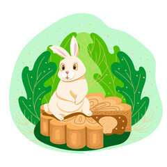  hand drawn cute rabbit on moon cake. Cartoon for Chinese New Year. Vector illustration for greeting cards. Isolated element on white background.