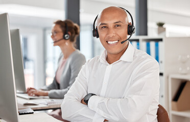 Portrait, call center and customer service worker happy working in telemarketing office with...