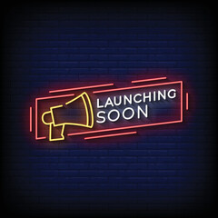 Neon Sign launching soon with brick wall background vector