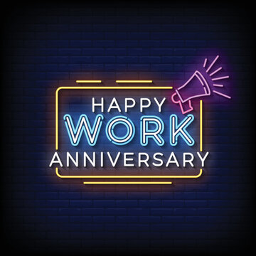 Neon Sign happy work anniversary with brick wall background vector