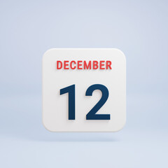 December Realistic Calendar Icon 3D Rendered Date December 12