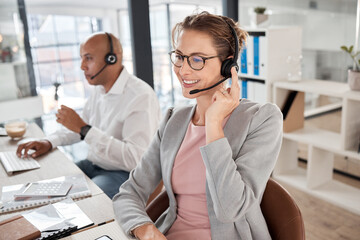 Call center, support and worker consulting, talking and giving customer service online for...