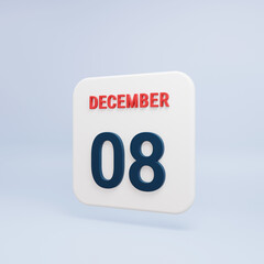 December Realistic Calendar Icon 3D Rendered Date December 08