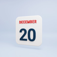 December Realistic Calendar Icon 3D Rendered Date December 20