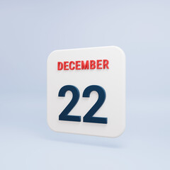 December Realistic Calendar Icon 3D Rendered Date December 22