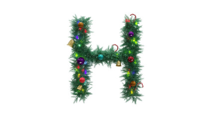 Capital letter H from Christmas tree twigs with decorations on transparent background. Christmas alphabet. Letters from Christmas tree branches with decorations. 3d illustration