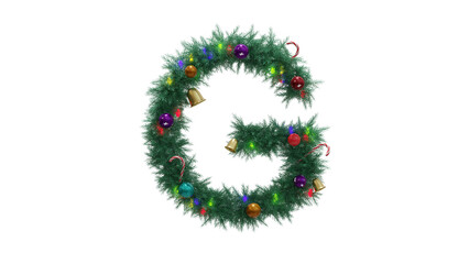 Capital letter G from Christmas tree twigs with decorations on transparent background. Christmas alphabet. Letters from Christmas tree branches with decorations. 3d illustration
