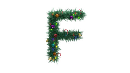 Capital letter F from Christmas tree twigs with decorations on transparent background. Christmas alphabet. Letters from Christmas tree branches with decorations. 3d illustration