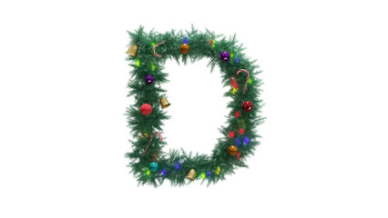 Capital letter D from Christmas tree twigs with decorations on transparent background. Christmas alphabet. Letters from Christmas tree branches with decorations. 3d illustration
