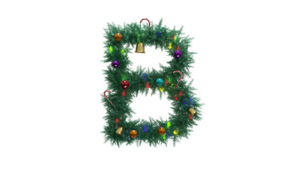 Capital letter B from Christmas tree twigs with decorations on transparent background. Christmas alphabet. Letters from Christmas tree branches with decorations. 3d illustration