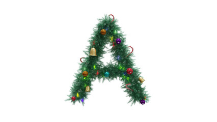 Capital letter A from Christmas tree twigs with decorations on transparent background. Christmas alphabet. Letters from Christmas tree branches with decorations. 3d illustration