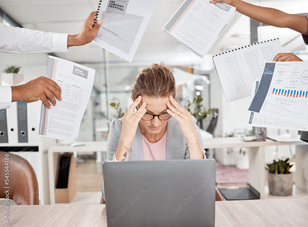 Poster Stress, burnout and woman with a headache from paperwork deadline and overwhelmed from multitasking workload. Fatigue and frustrated employee with anxiety from office admin and time management chaos