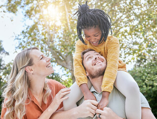 Family, happiness and nature park with mom, dad and a child together outdoor for love, care and support after adoption of foster girl. Smile, trust and happy man, woman and kid on vacation to relax
