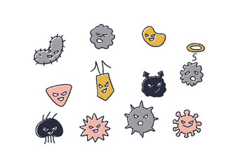 いろいろな表情の黄色のかわいいばい菌やウイルスのイラスト © 星野スウ