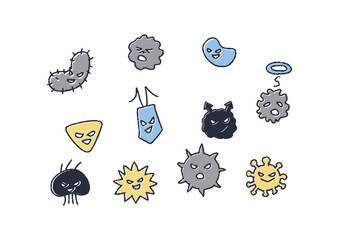 いろいろな表情の黄色のかわいいばい菌やウイルスのイラスト
