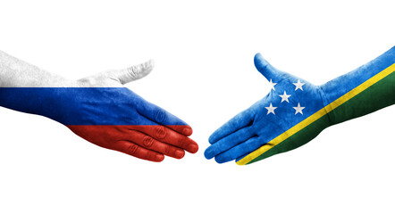 Handshake between Solomon Islands and Russia flags painted on hands, isolated transparent image.