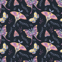Butterflies, moths and leaves. Seamless pattern. Vector illustration
