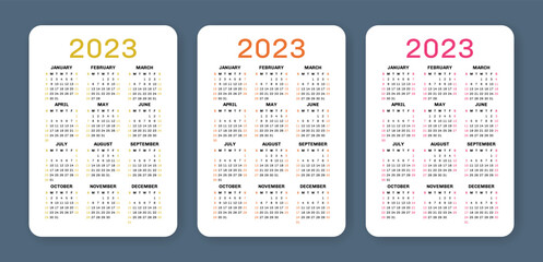 Calendar 2023 year set. English vector set. Vertical wall or pocket calender template. Design collection. Week starts on Sunday