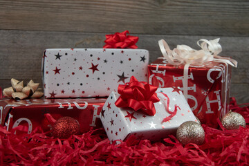 Red and white christmas gift scene