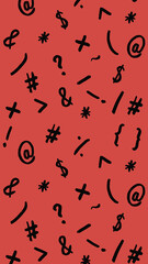pattern with the image of keyboard symbols. Punctuation marks. Template for applying to the surface. red background. Vertical image.