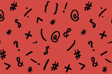 pattern with the image of keyboard symbols. Punctuation marks. Template for applying to the surface. red background. Horizontal image.